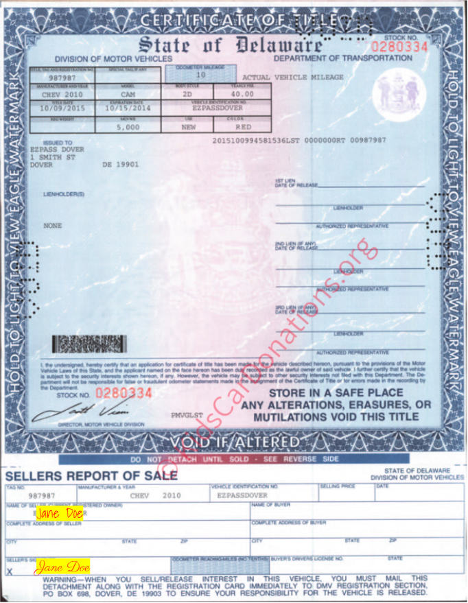 This is an Example of Delaware Certificate of Title To Motor Vehicle (2015) Front View | Kids Car Donations
